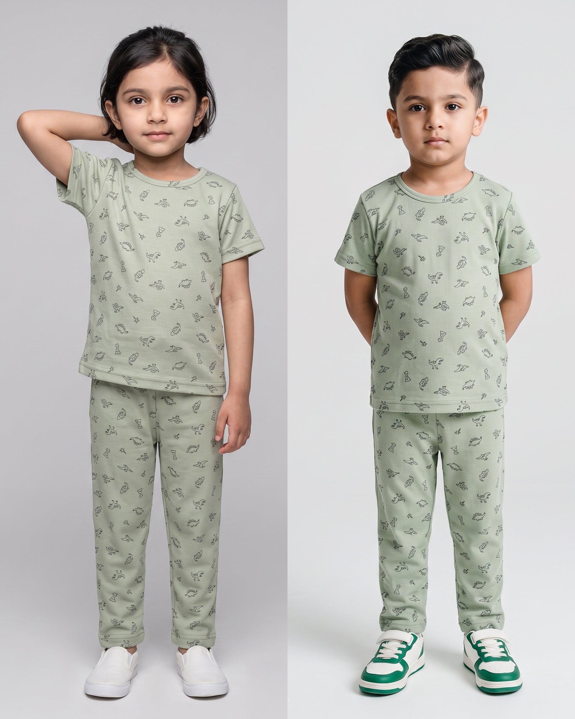 Lightweight CO-ORD set- Half Sleeve T-shirt and Pant - mint green Dino