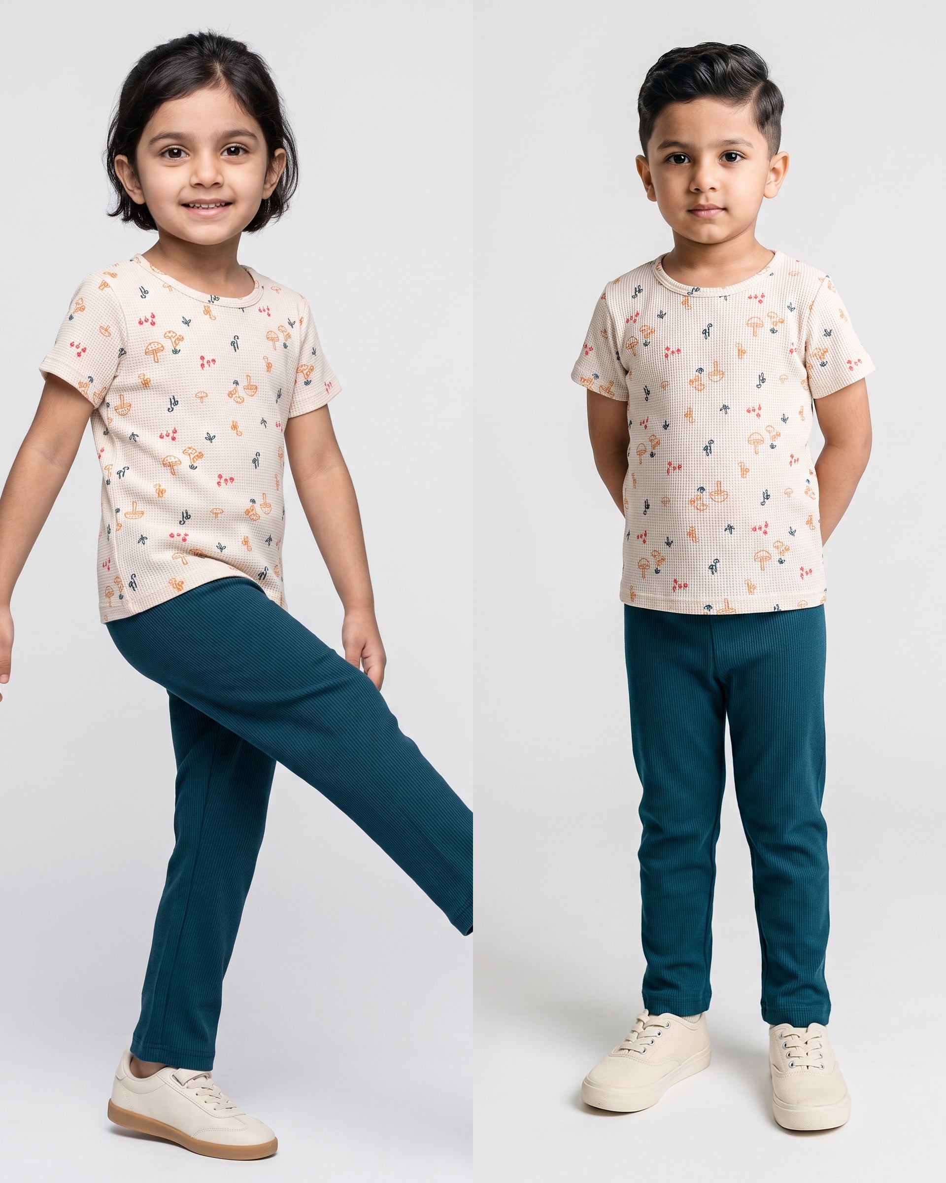 Unisex T-shirt and Pant set - Biege and Teal Mushroom