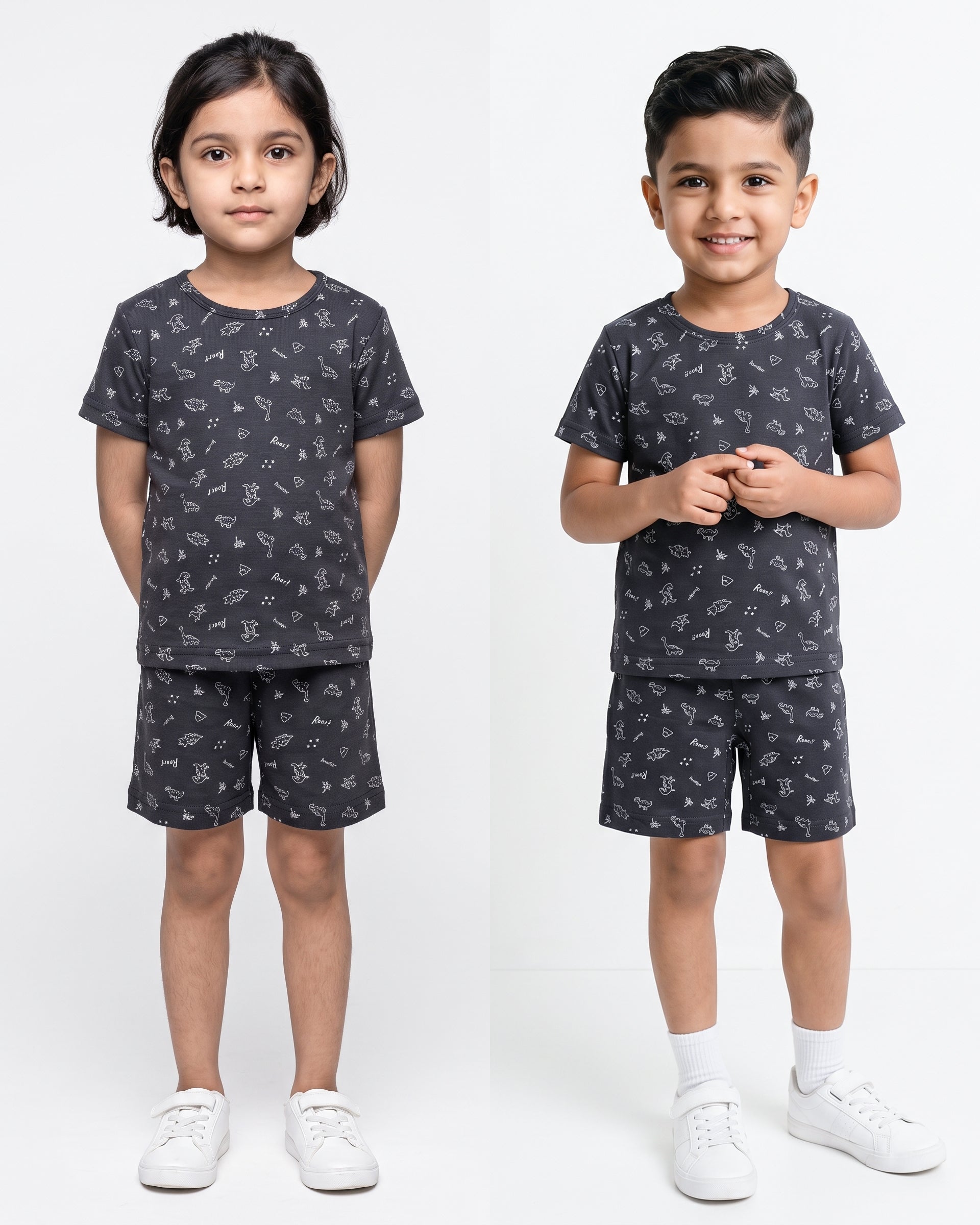 Lightweight CO-ORD set- Half Sleeve T-shirt and Short - Black Dino