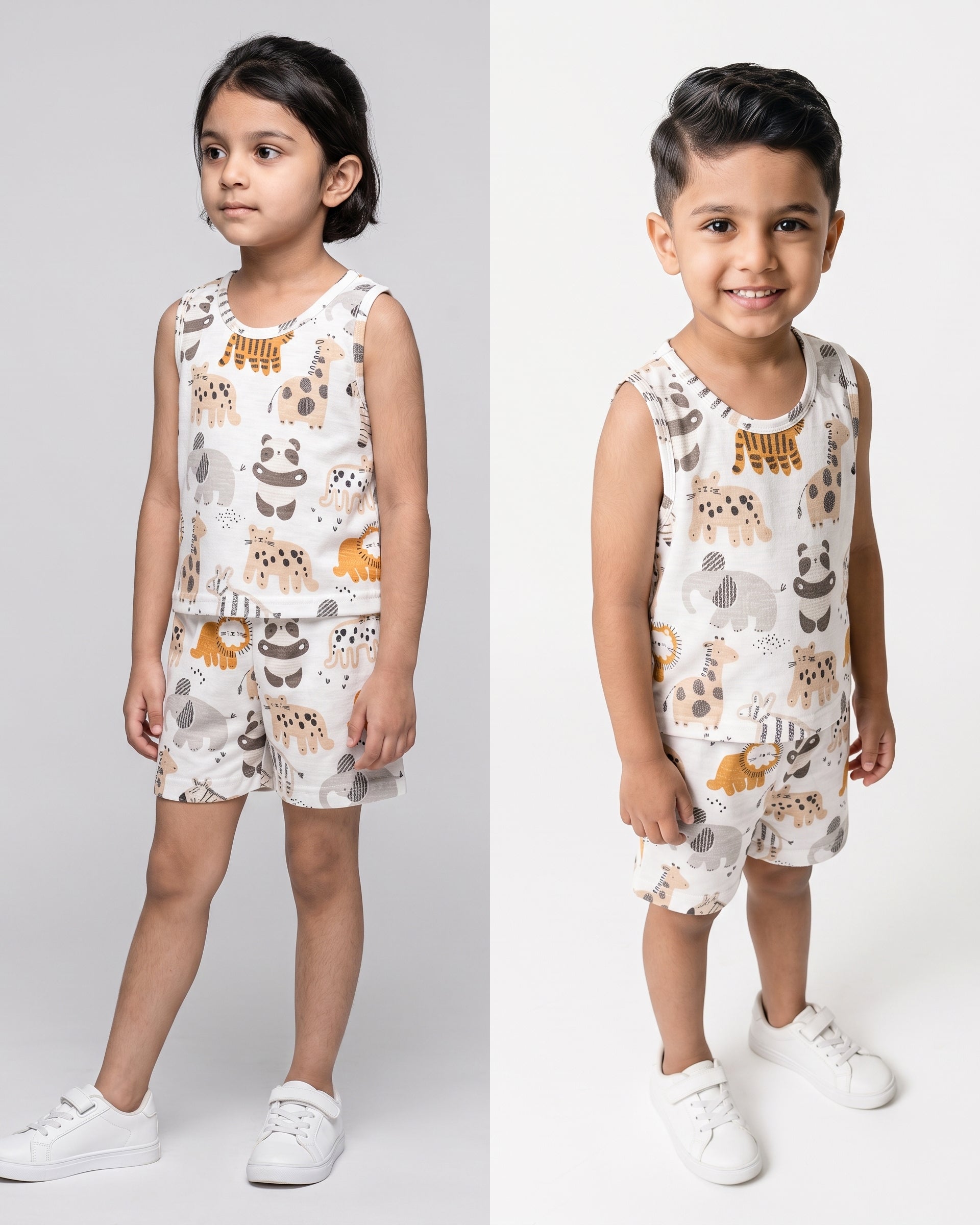 CO-ORD set- Sleeveless T-shirt and Short - White Animals