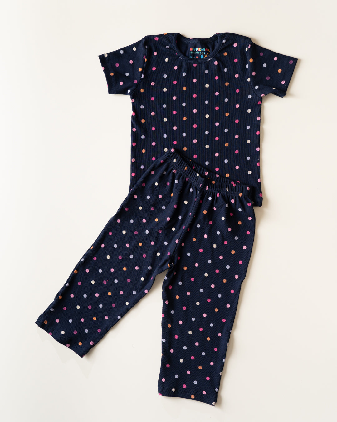 CO-ORD set- Half Sleeve T-shirt and Pant - Navy Blue Polka