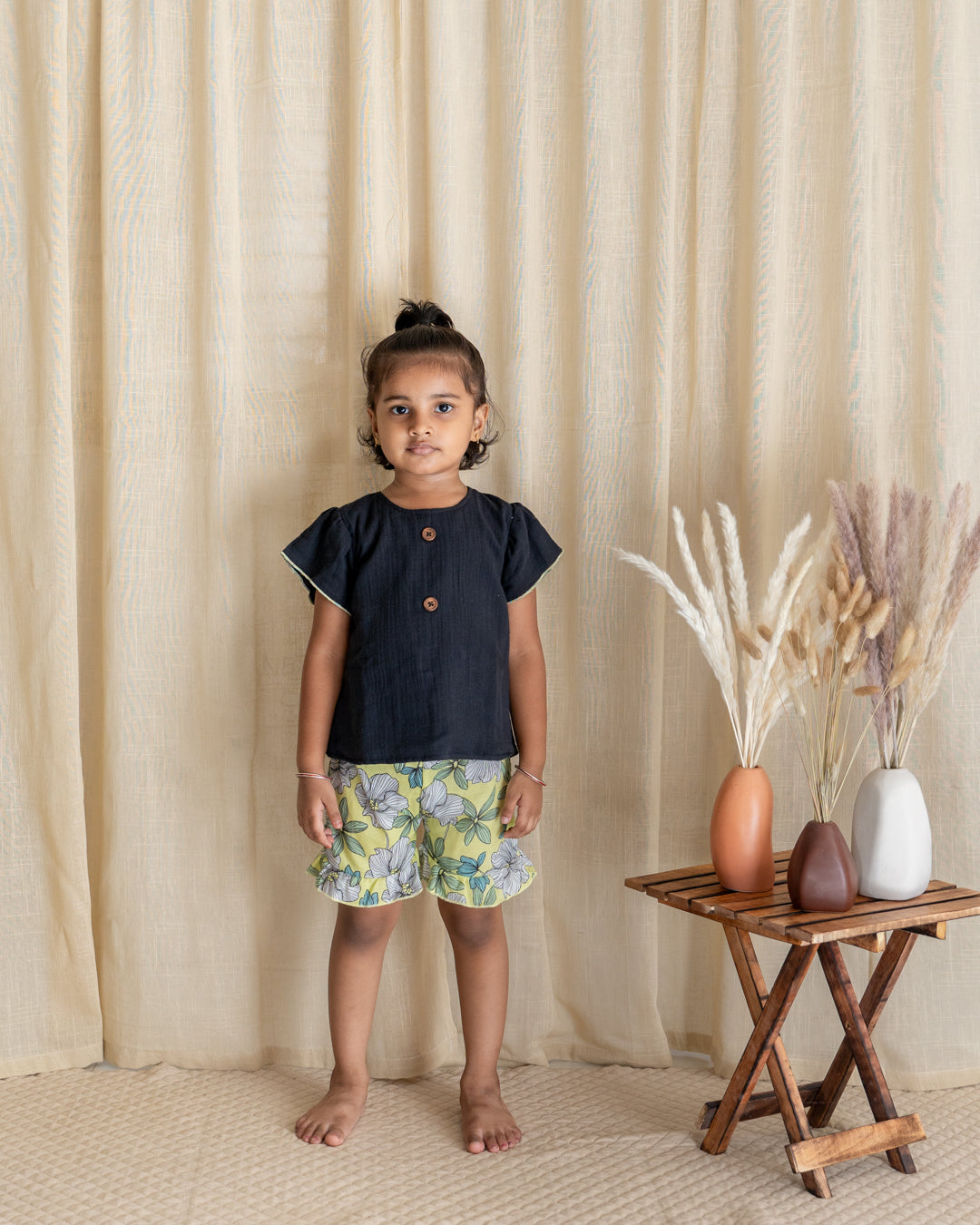 Flutter Shorts Set - Black with Green Floral