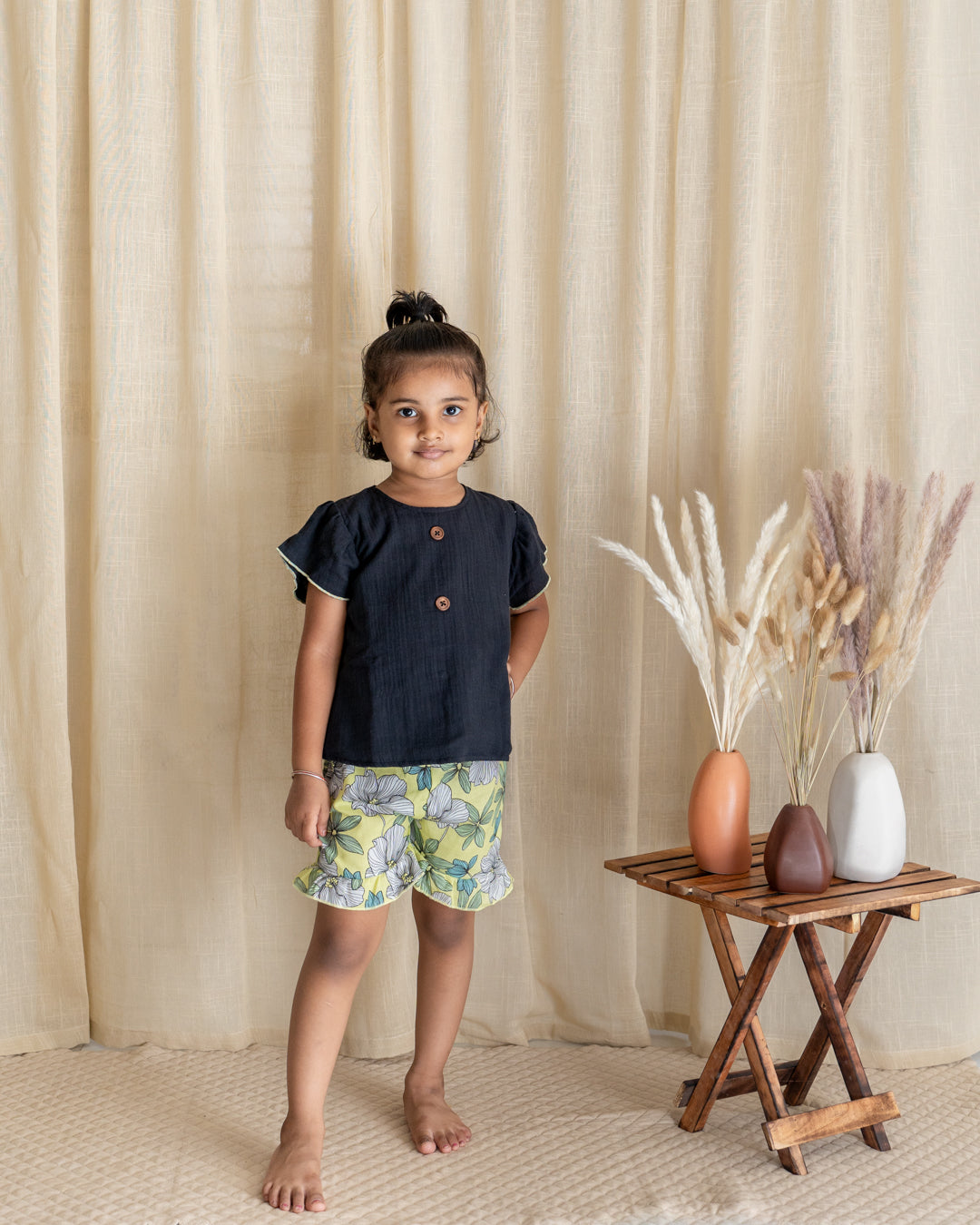 Flutter Shorts Set - Black with Green Floral
