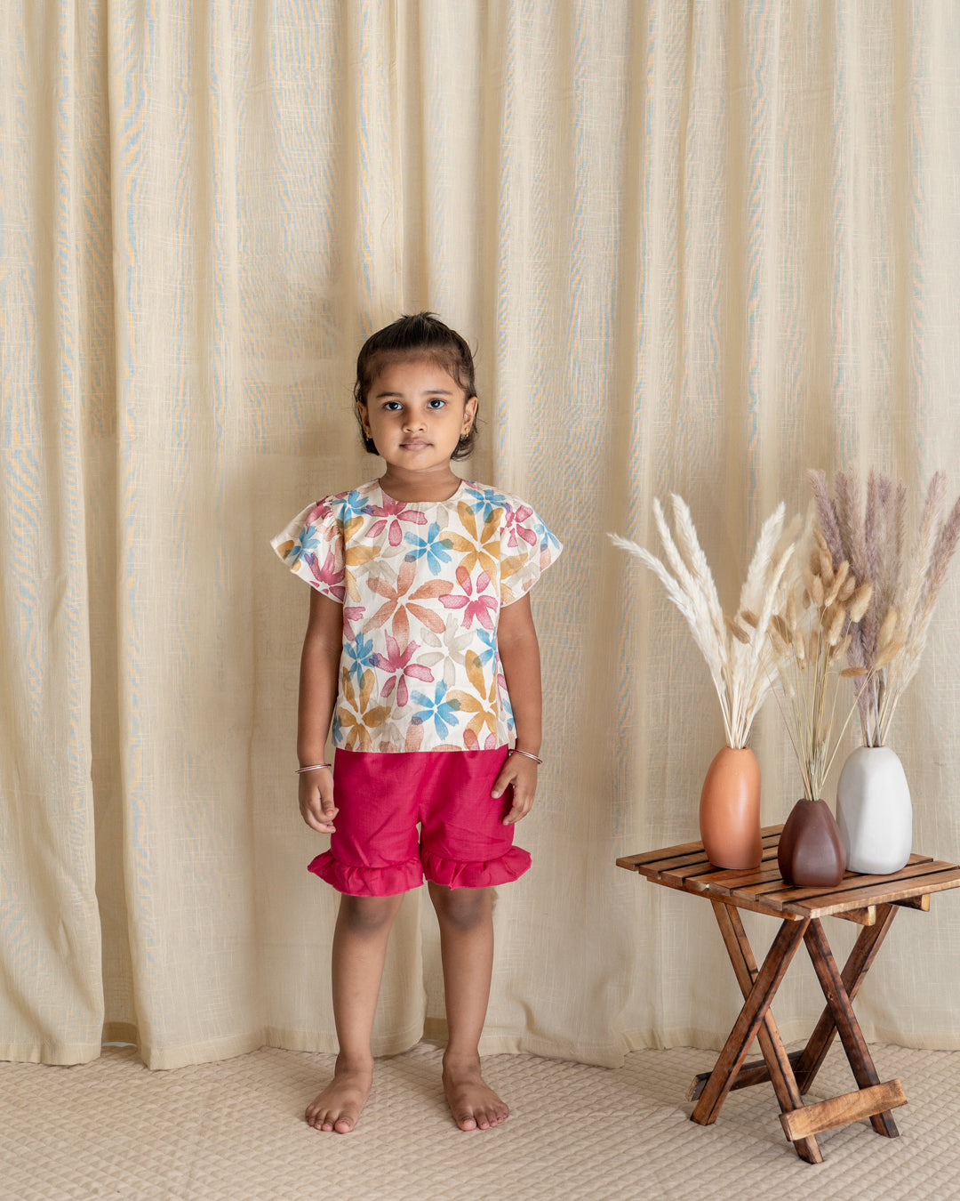 Flutter Shorts Set - Cream Floral with Pink