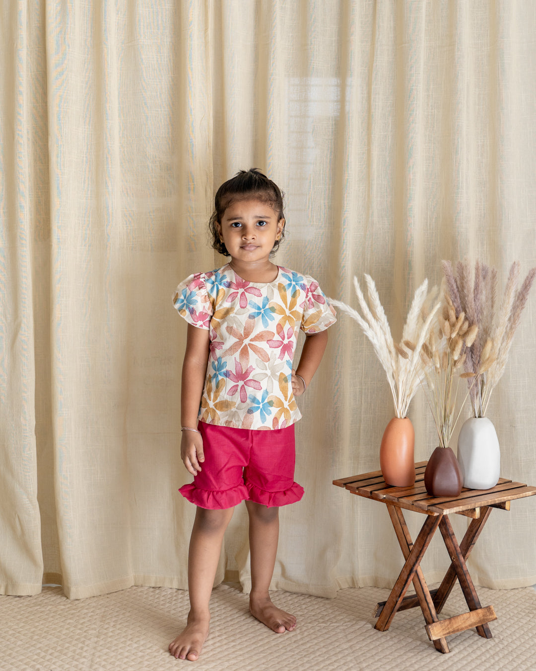 Flutter Shorts Set - Cream Floral with Pink