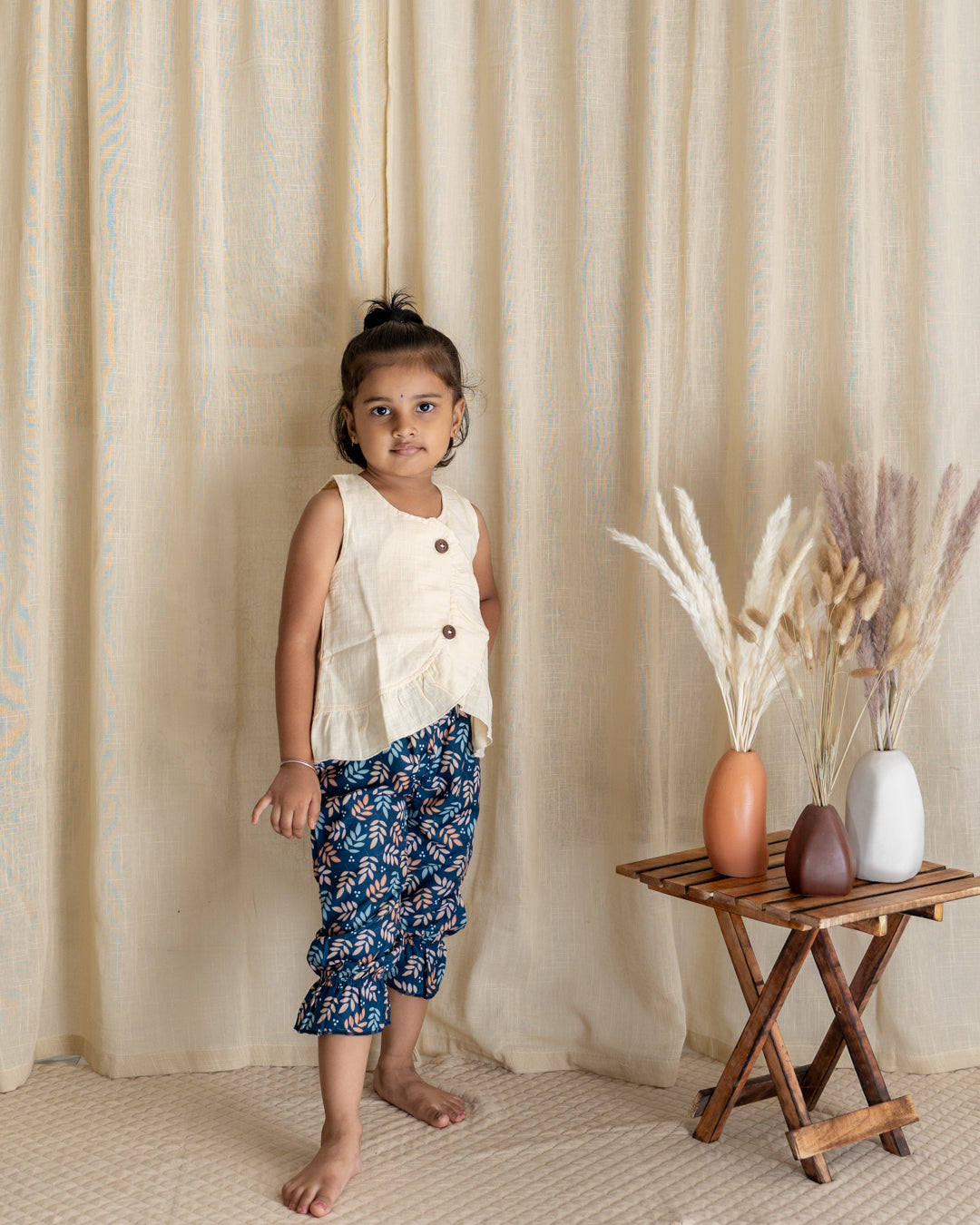 Ruffle Twin Set - Cream with Navy Blue