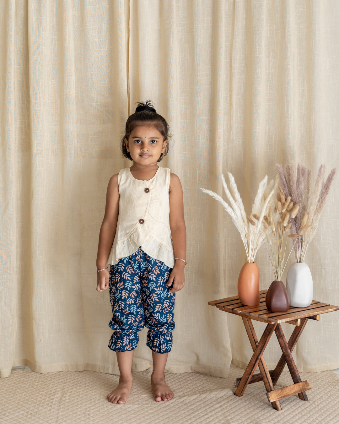 Ruffle Twin Set - Cream with Navy Blue