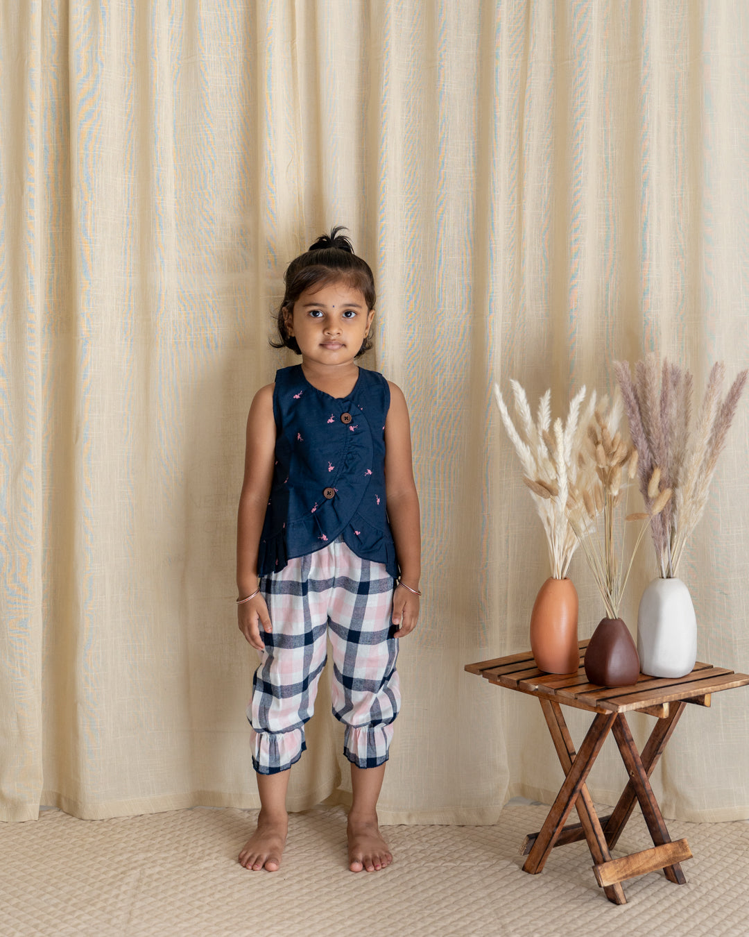 Ruffle Twin Set - Navy Blue with Checks