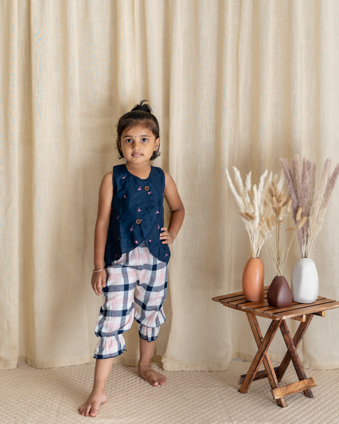 Ruffle Twin Set - Navy Blue with Checks