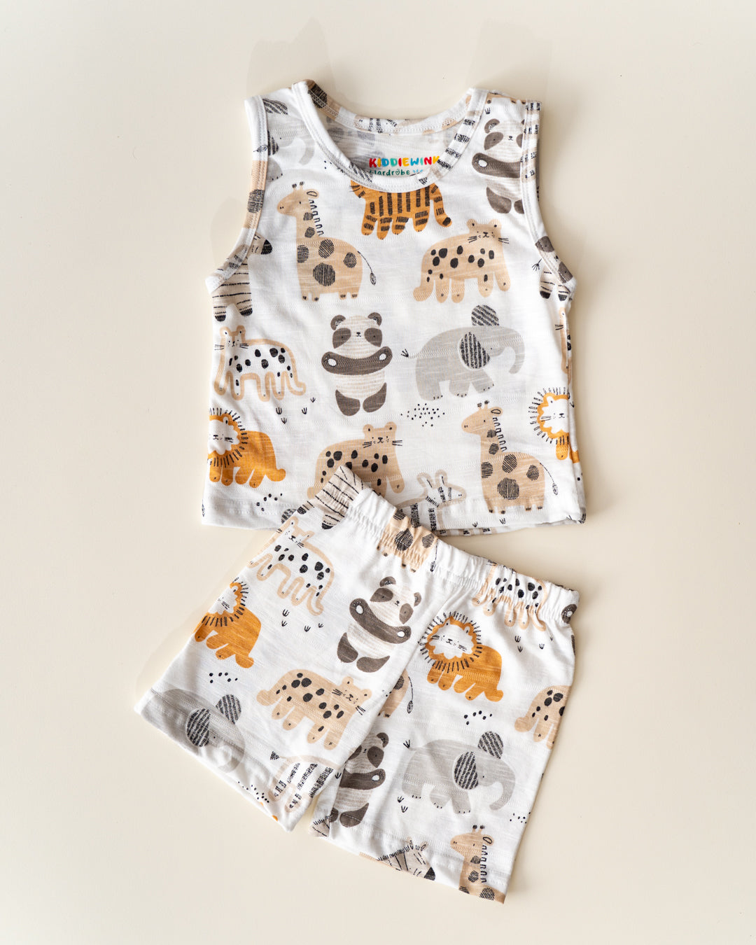 CO-ORD set- Sleeveless T-shirt and Short - White Animals