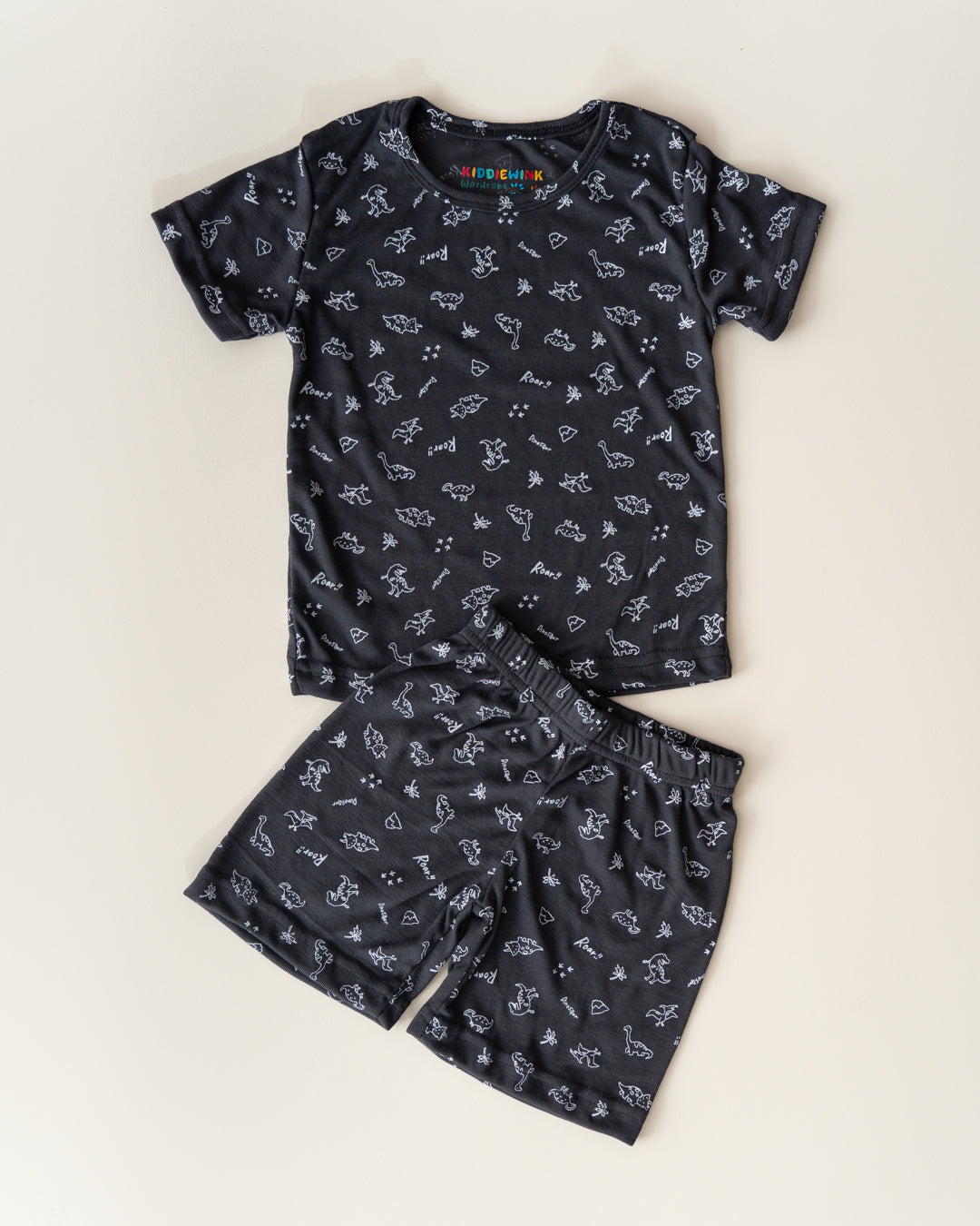 Lightweight CO-ORD set- Half Sleeve T-shirt and Short - Black Dino