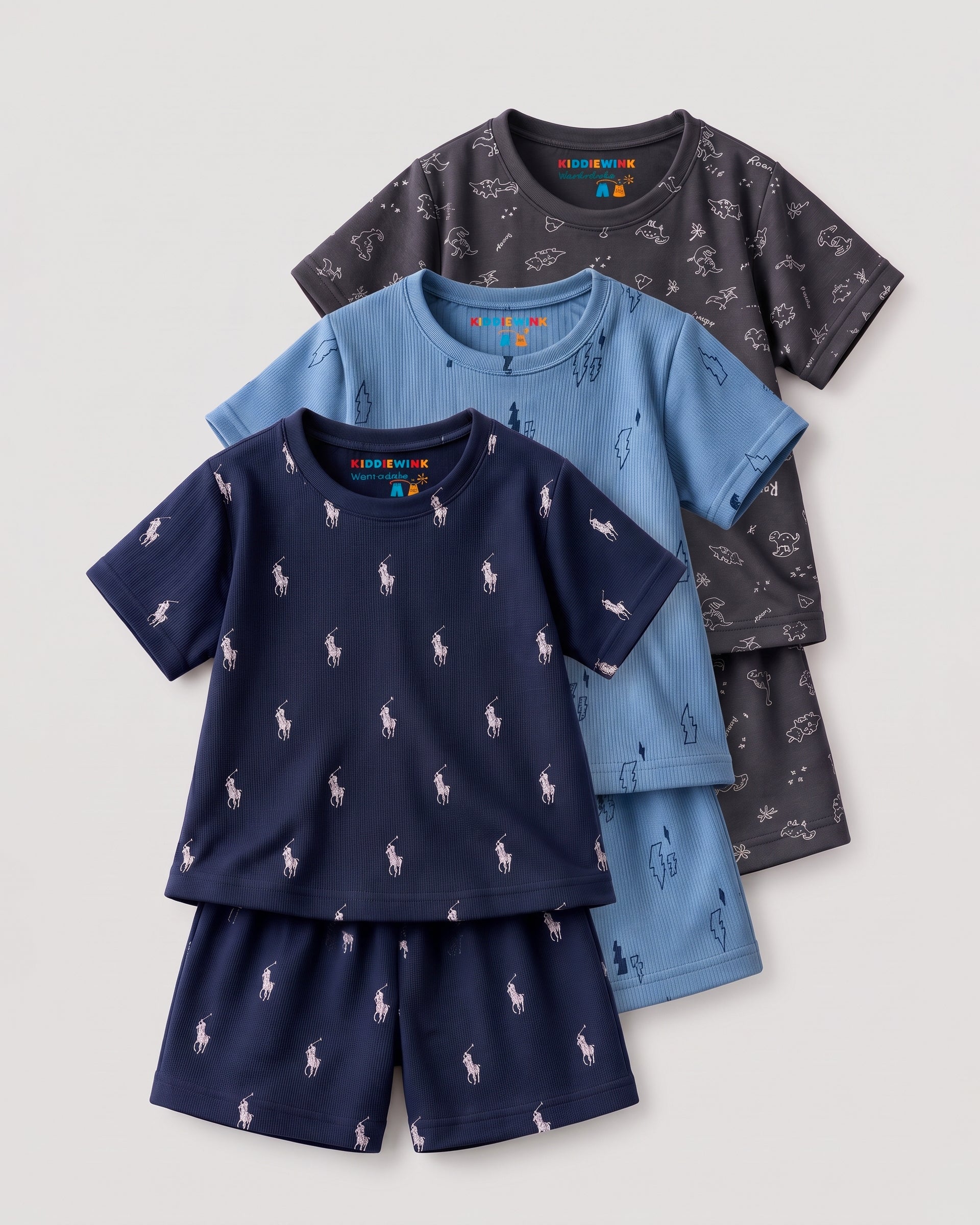 3 Set Combo! CO-ORD set - Half Sleeve T-shirt and Short | Blue Lightning, Navy Blue polo & Black Dino