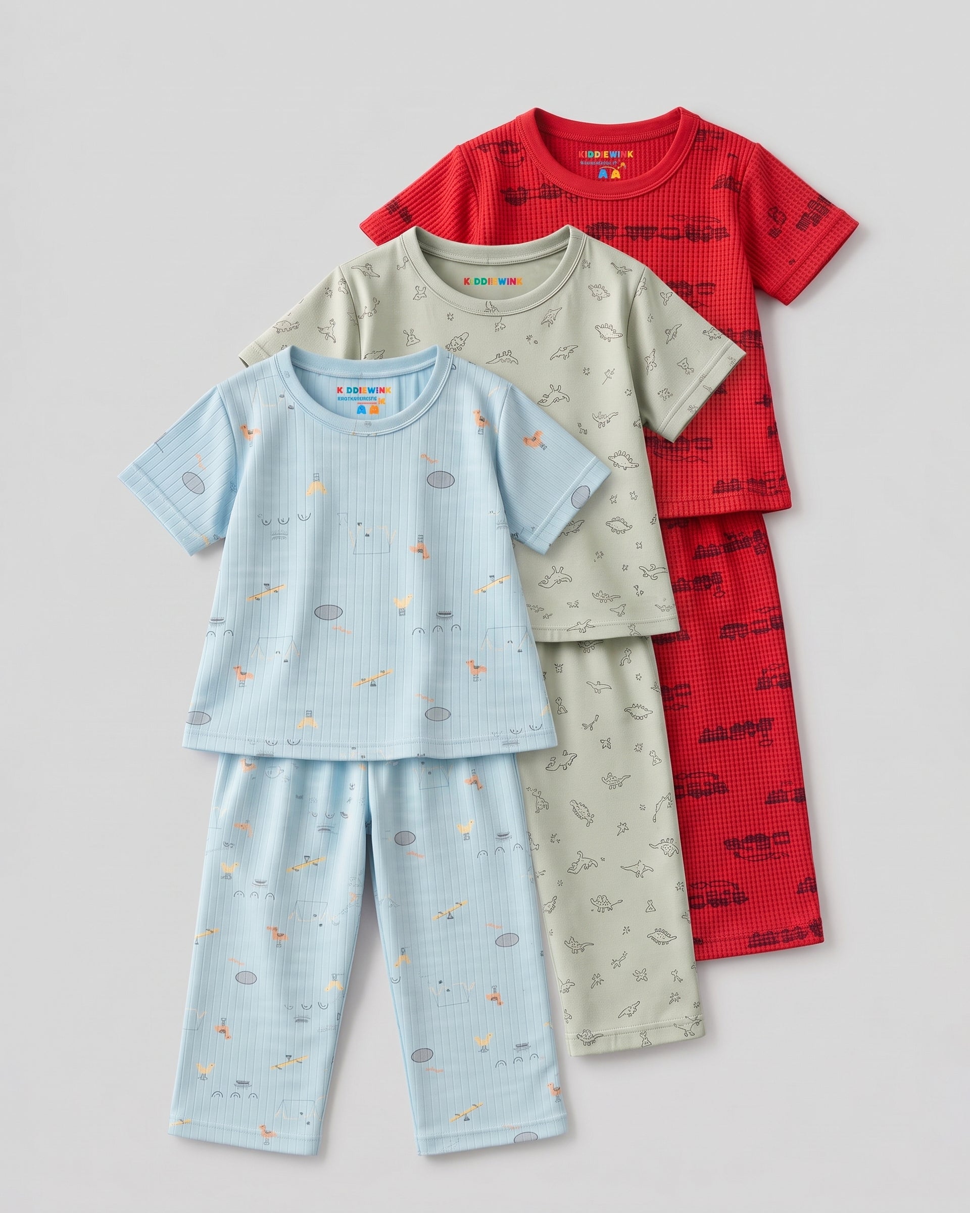 3 Set Combo! CO-ORD set - Half Sleeve T-shirt and Pant | Greyish Blue, Mint green Dino & Red