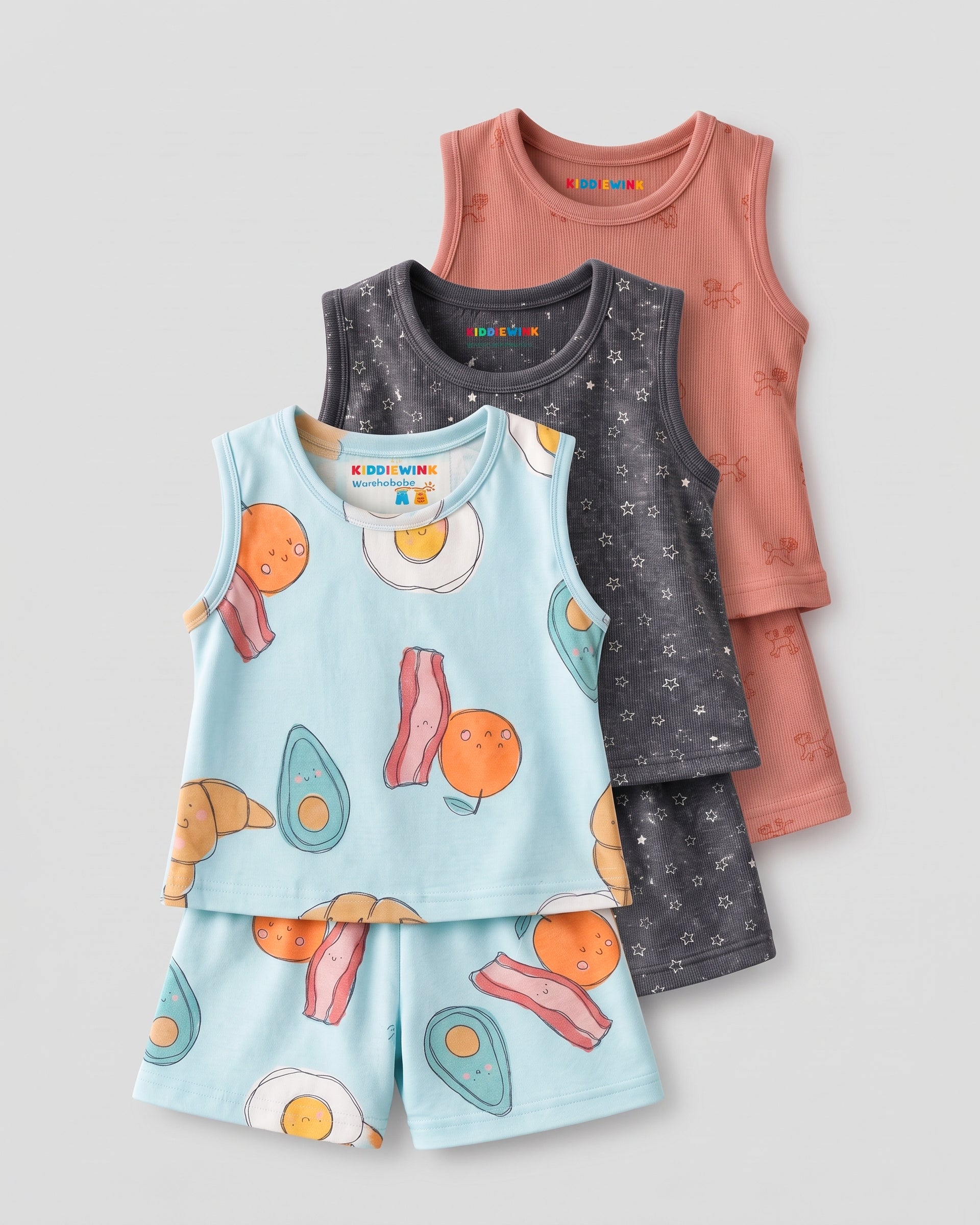 3 Set Combo! CO-ORD set- Sleeveless T-shirt and Short | Pastel blue Foodie, Grey Star & Coral Lion cub