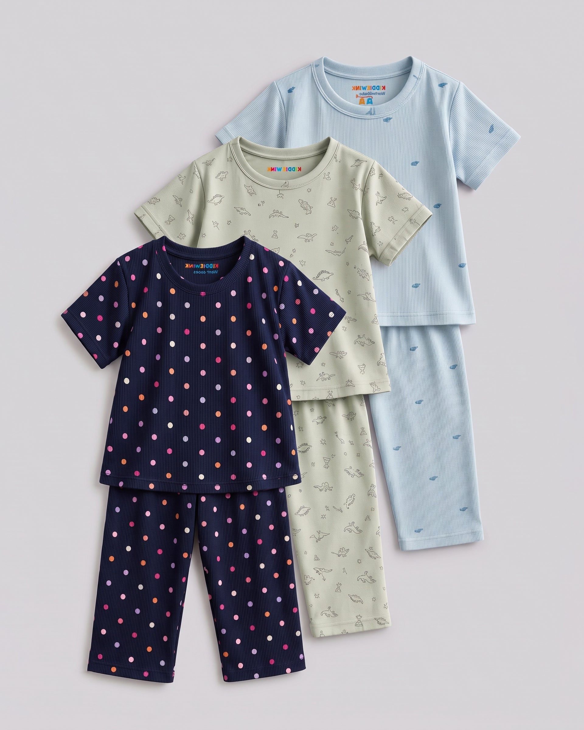 3 Set Combo! CO-ORD set - Half Sleeve T-shirt and Pant | Navy Blue Polka, Mint green Dino & Pastel blue whales
