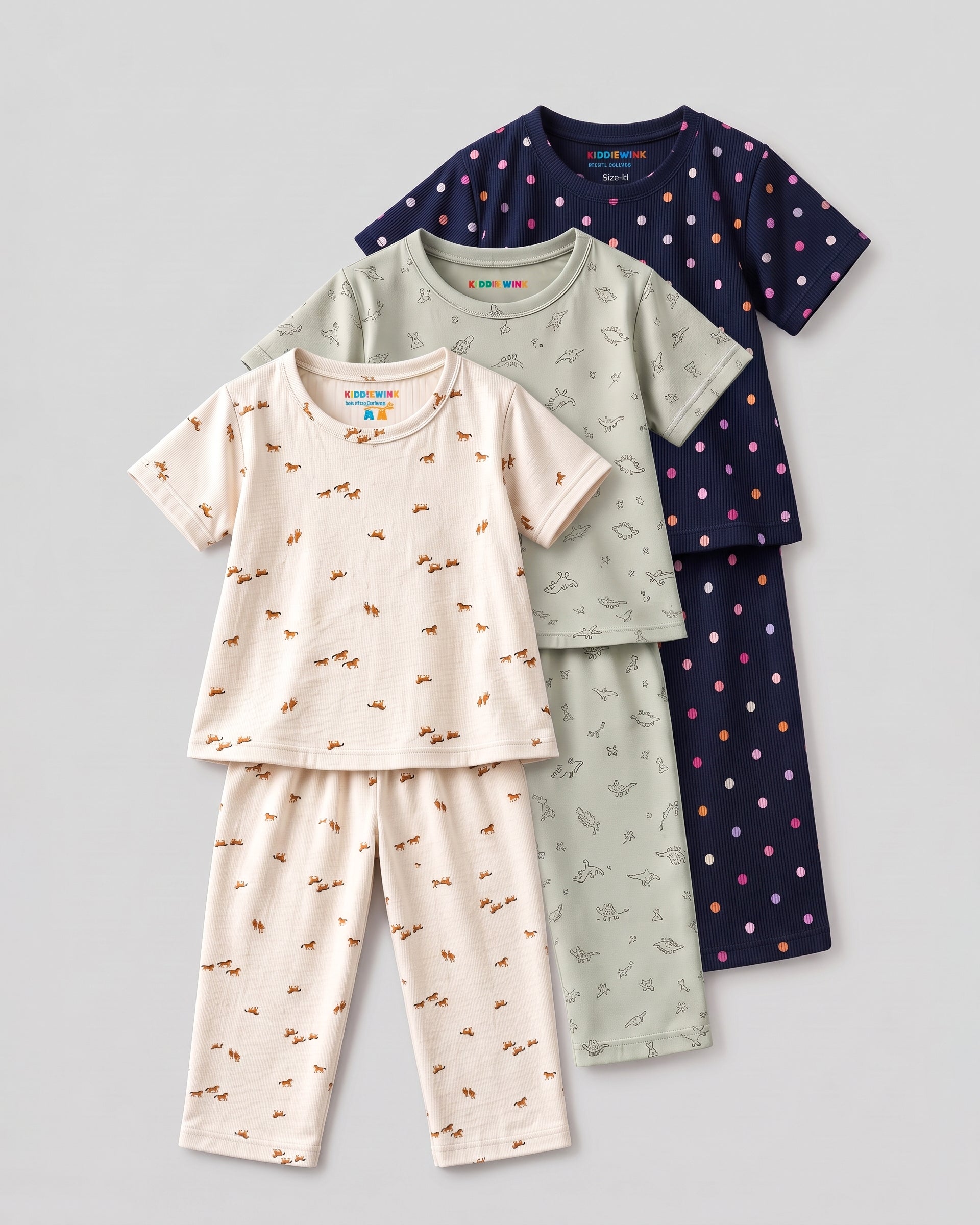 3 Set Combo! CO-ORD set - Half Sleeve T-shirt and Pant | Cream, Mint green Dino & Navy Blue Polka