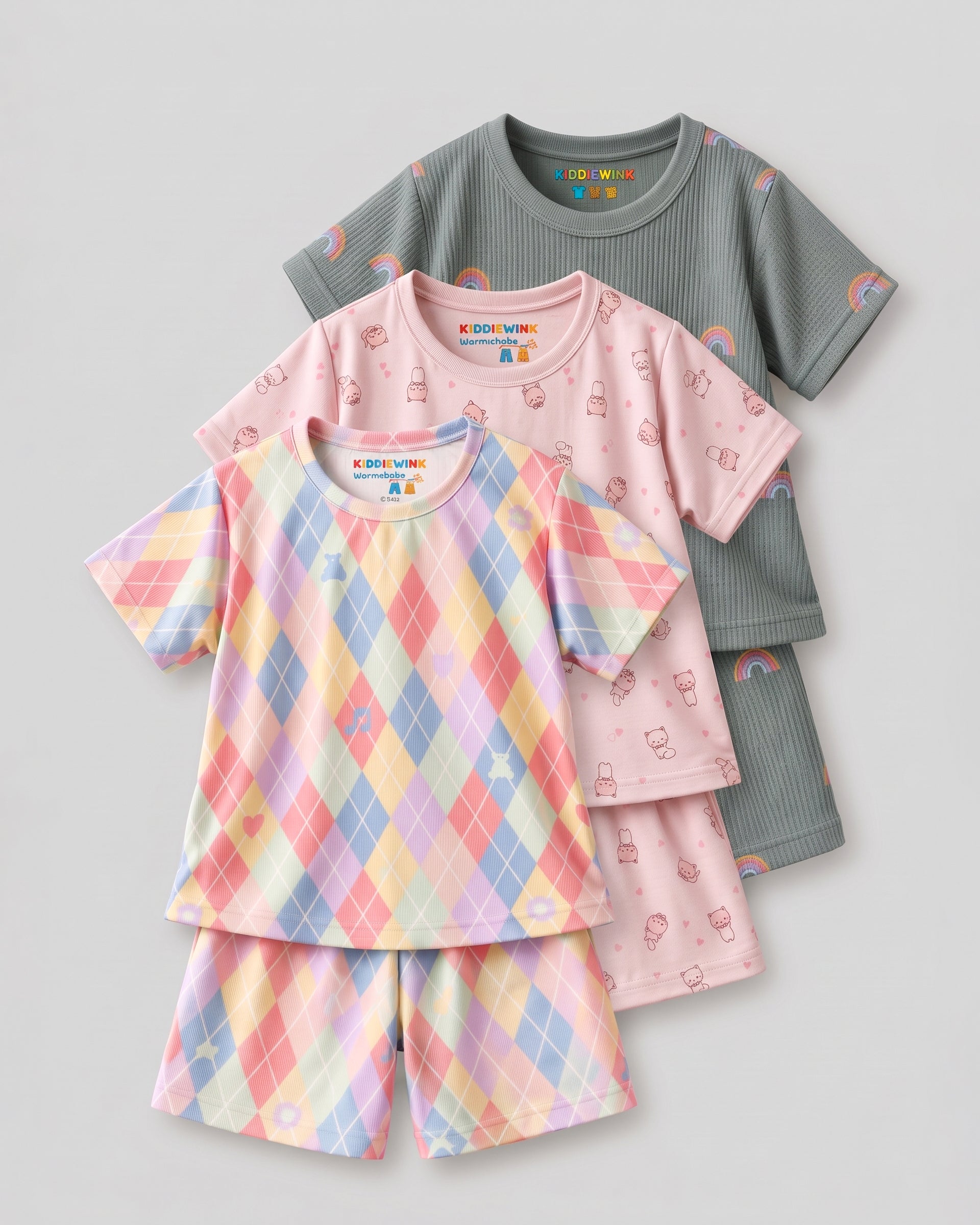 3 Set Combo! CO-ORD set - Half Sleeve T-shirt and Short | Multicolor Pastel, Pastel Pink & Teal Rainbow