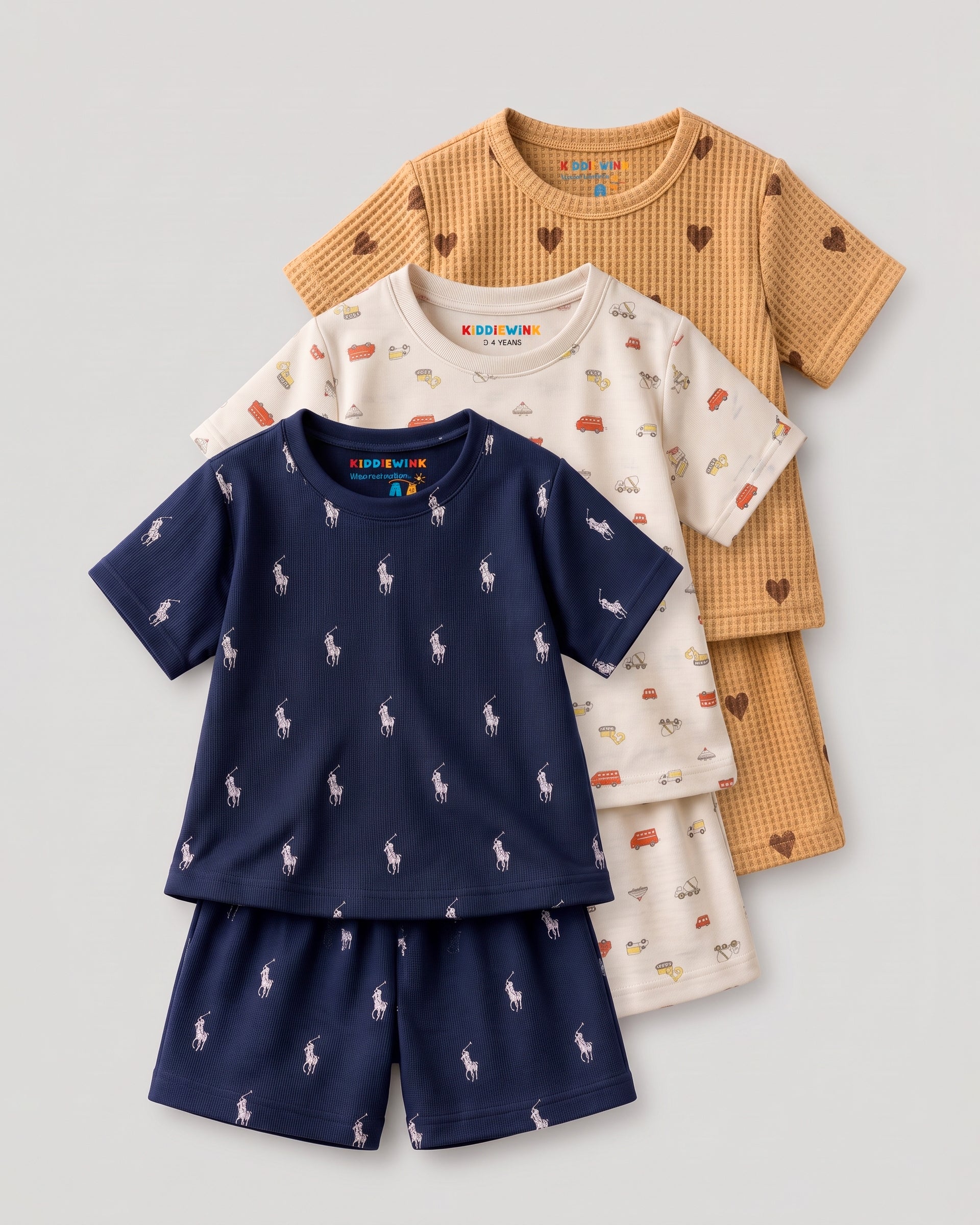 3 Set Combo! CO-ORD set - Half Sleeve T-shirt and Short | Navy Blue Polo, Cream Vehicle & Mustard Heart