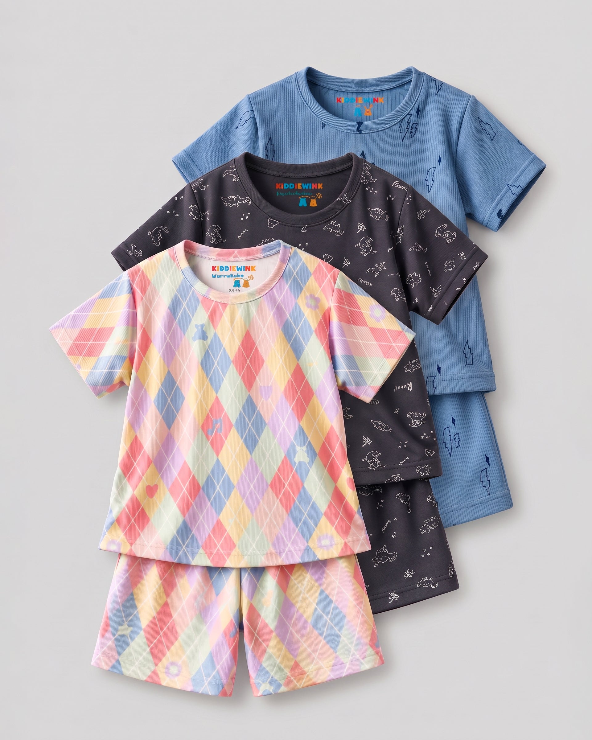 3 Set Combo! CO-ORD set - Half Sleeve T-shirt and Short | Multicolor Pastel, Black Dino & Blue Lightning
