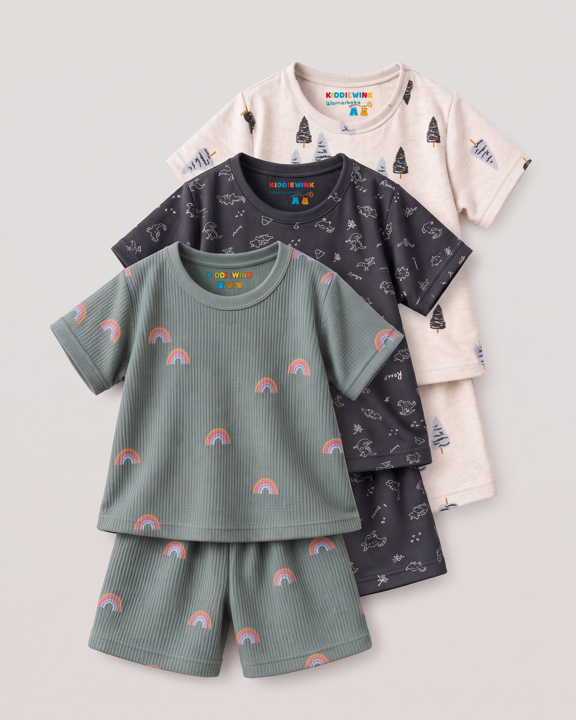 3 Set Combo! CO-ORD set - Half Sleeve T-shirt and Short | Teal Rainbow, Black Dino & Off‑White Pine