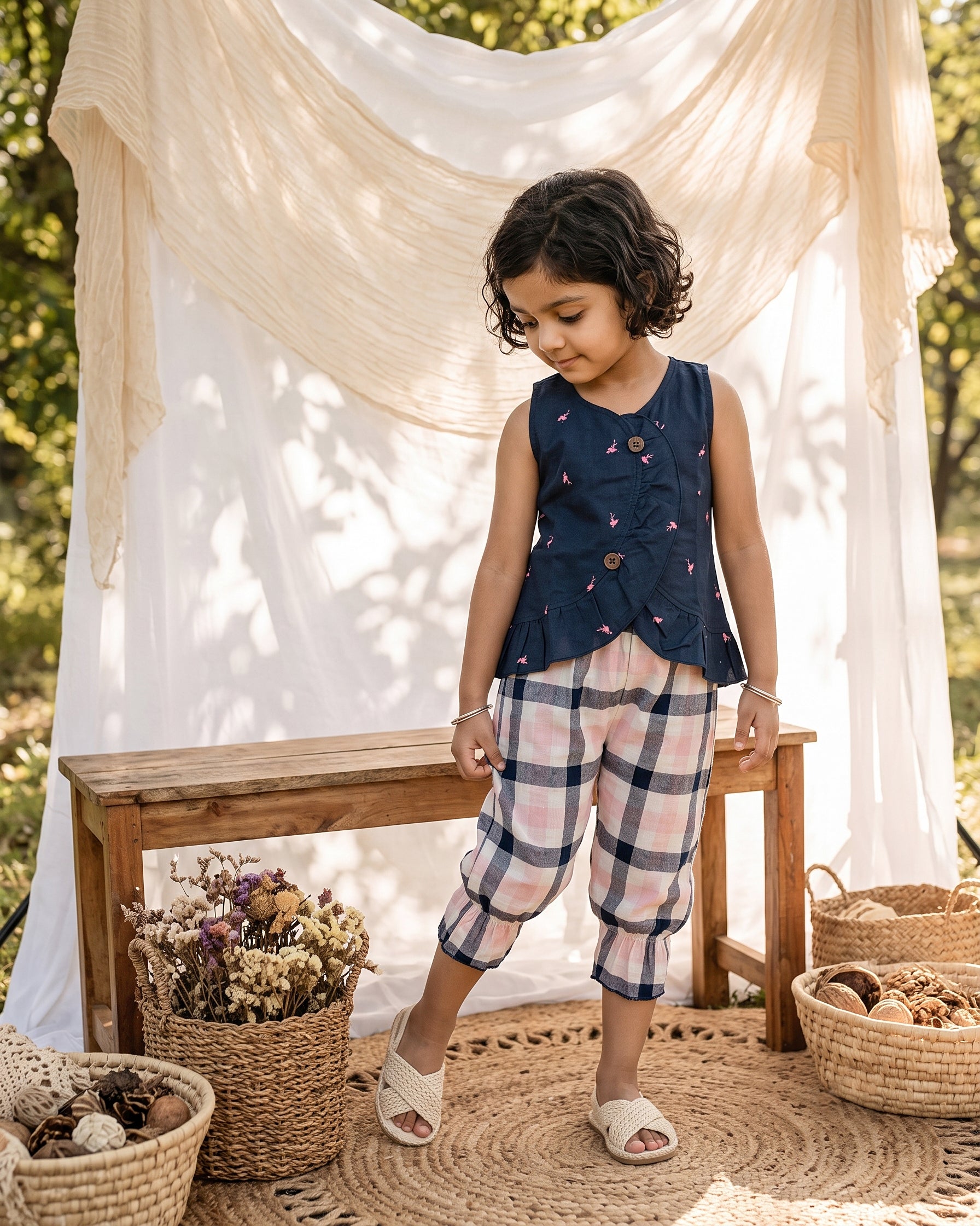 Ruffle Twin Set - Navy Blue with Checks