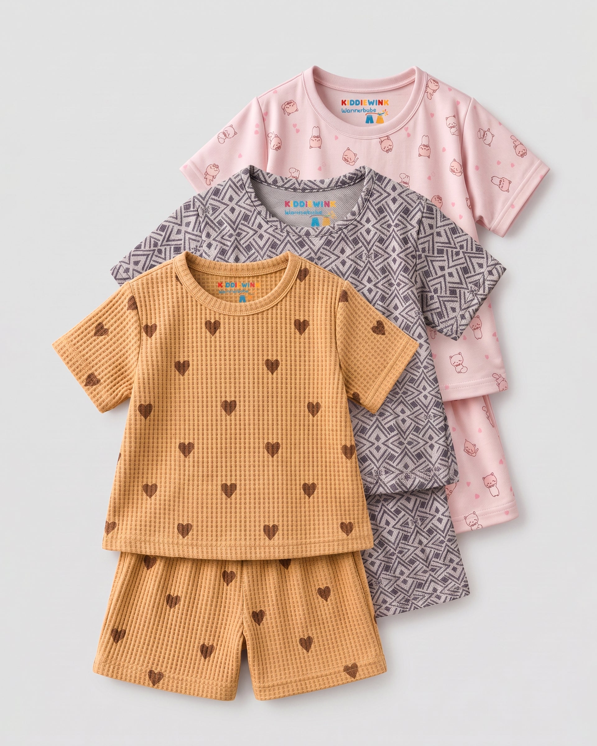 3 Set Combo! CO-ORD set - Half Sleeve T-shirt and Short | Mustard heart, Grey Geometric & Pastel Pink