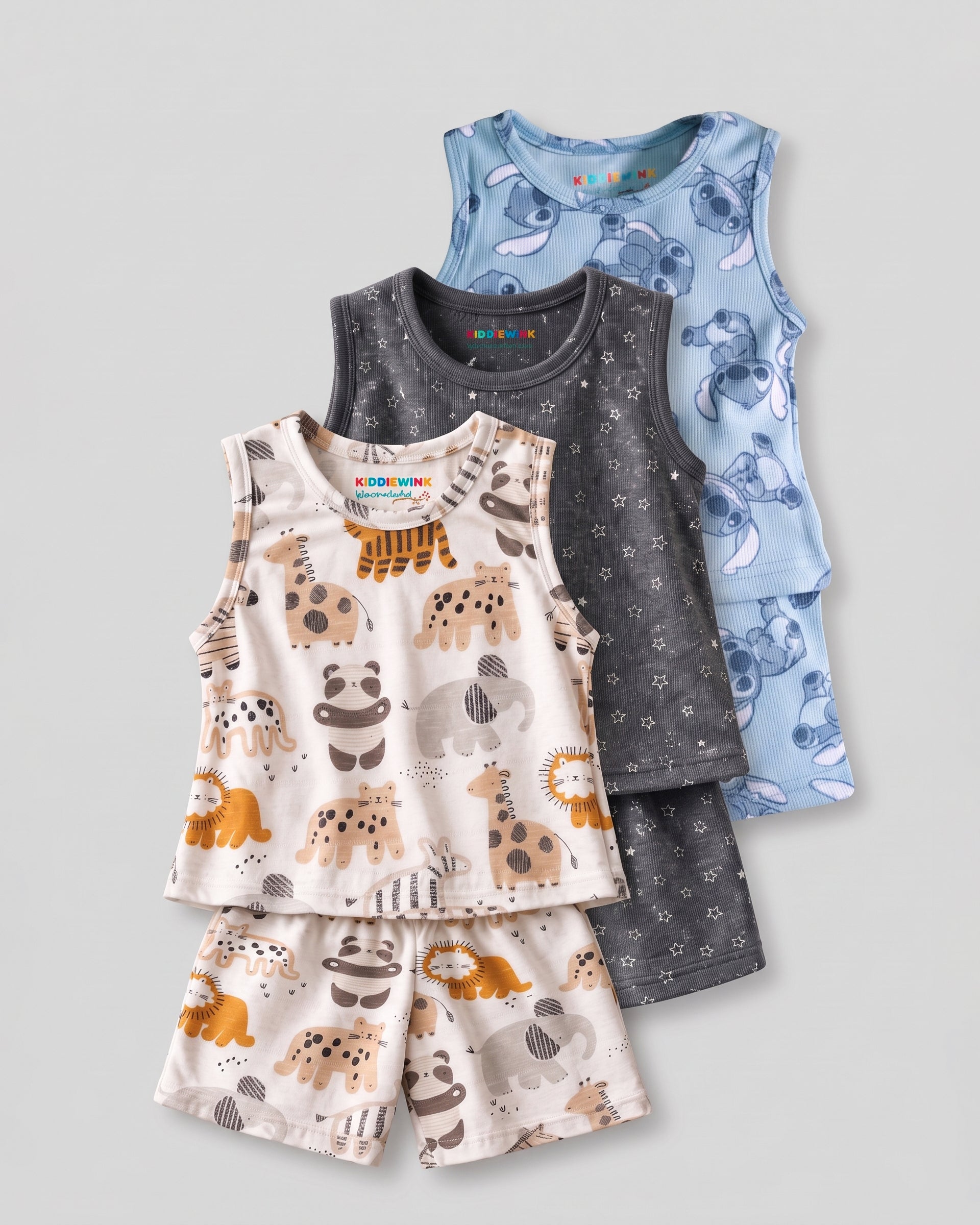 3 Set Combo! CO-ORD set- Sleeveless T-shirt and Short | White Animals, Grey Star & Blue Stitch