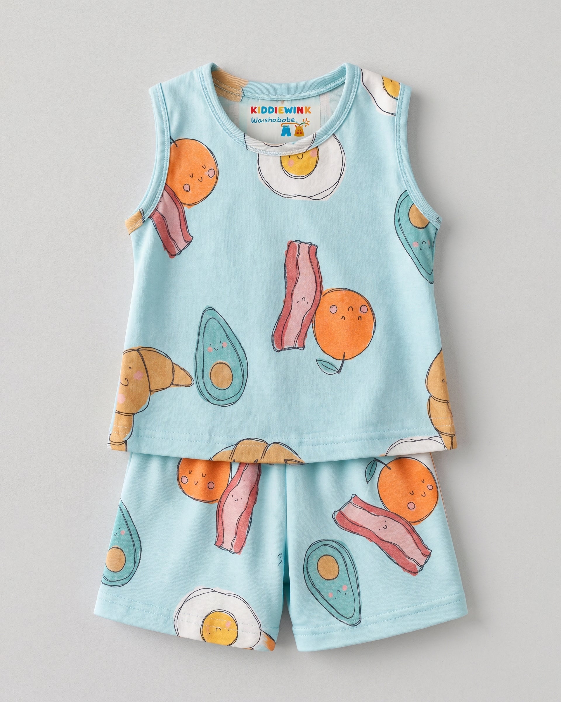 3 Set Combo! CO-ORD set- Sleeveless T-shirt and Short | Pastel blue Foodie, Grey Star & Coral Lion cub