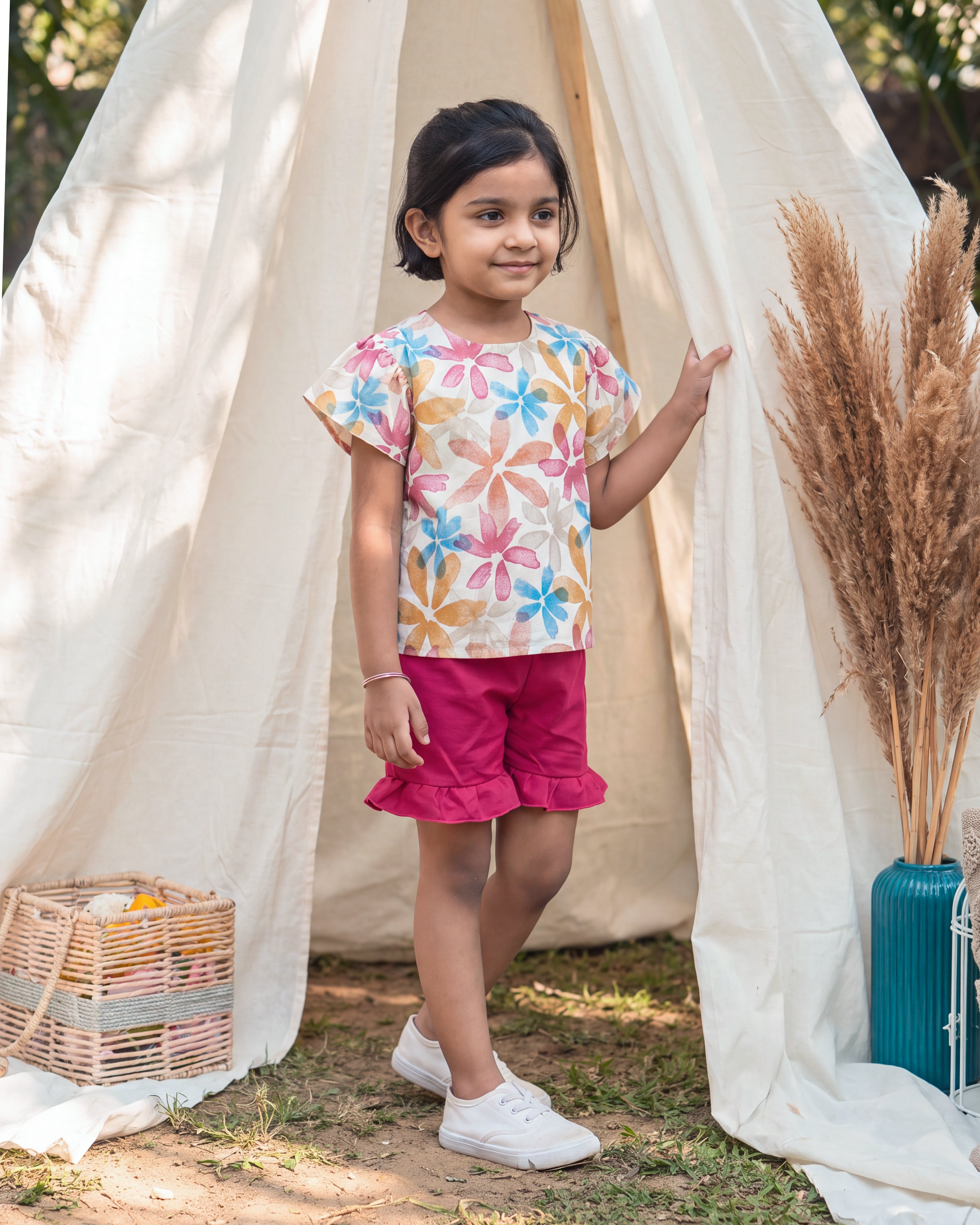 Flutter Shorts Set - Cream Floral with Pink